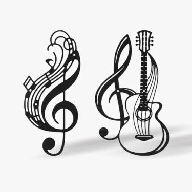 Imagem de Vaso de arte de parede de metal com flores, decoração suspensa para sala de estar interna, cozinha, quarto (notas musicais de guitarra, pacote com 2)