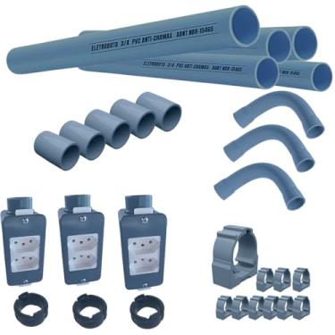 Imagem de KIT 3Un Tomadas Duplas Brancas Flex 10/20a + Kit Instalação Sobrepor PVC Antichamas (Cinza)