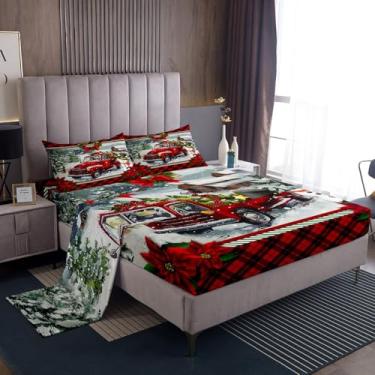 Imagem de Homewish Jogo de lençol Queen com estampa de caminhonete de Natal, decoração xadrez vermelho, pinheiro, 4 peças, lençol de cima, lençol de cima, 2 fronhas