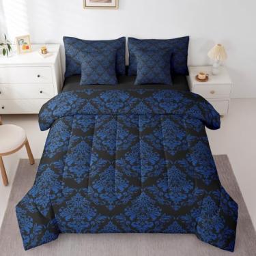 Imagem de Conjunto de edredom Queen floral vintage damasco, boêmio, paisley, 7 peças, quarto de crianças, meninos, meninas, adolescentes, adultos, exótico, oriental, preto, azul, gótico, lençol de cima + 2