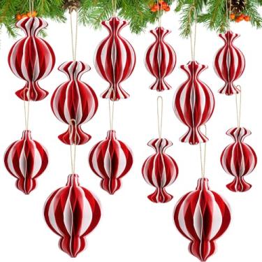 Imagem de WinnerWhy 12 peças de decorações de festa de Natal, bolas de colmeia de papel 3D, enfeite decorativo de lanterna de papel, vermelho, branco, enfeite para pendurar para festa de Natal, decoração de