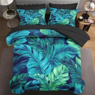 Imagem de WeCozy Jogo de edredom casal com 7 peças, 2 fronhas e 2 fronhas, lençol de cima com folha de palmeira tropical para crianças e adultos, verde floral turquesa