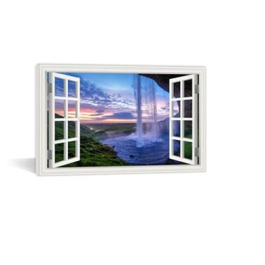 Imagem de Arte em tela emoldurada de janela falsa - Paisagem de cachoeira roxa paisagem natureza impressão em tela emoldurada para galeria, decoração de parede pronta para pendurar para sala de estar, quarto