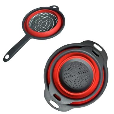 Imagem de Conjunto de escorredor dobrável, coador de cozinha dobrável com alça que economiza espaço, perfeito para drenar macarrão, vegetais e frutas (vermelho)