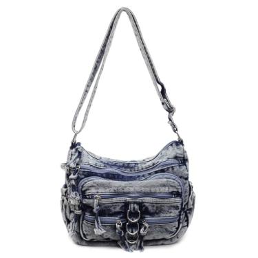 Imagem de YANPLS Bolsa tiracolo jeans vintage para mulheres, bolsa jeans com alça ajustável, bolsa de ombro casual azul, Azul 4, 317.875 cubic inches