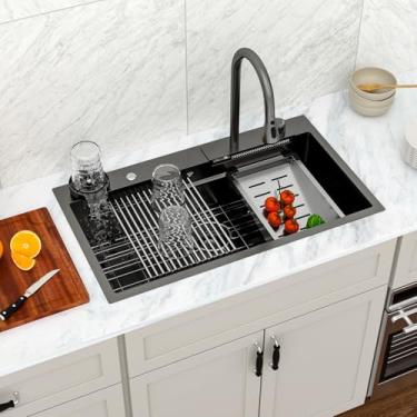 Imagem de Logmey Pia de cozinha preta de 83 cm, cachoeira, estação de trabalho, pias inteligentes de 83 x 48 cm, conjunto com torneira, aço inoxidável, calibre 16, pias de montagem superior com botão duplo