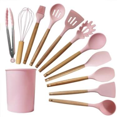 Imagem de Utensílios de cozinha Colher Espátula de silicone Cabo de madeira Decoração livre(26.5CM-Rosa)