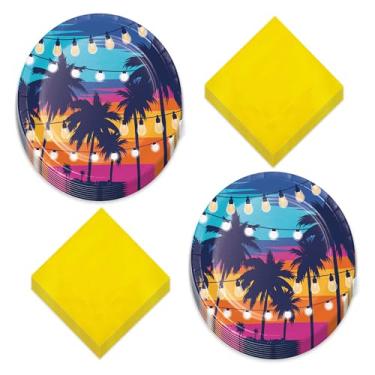 Imagem de Pratos de jantar de papel palmeira Summer Vibes Party Sunset Beach e guardanapos de almoço (serve 16)