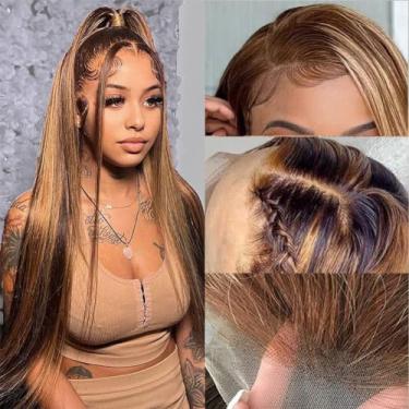 Imagem de Flady Perucas de cabelo humano com frente entrelaçada transparente para mulheres pré-aparadas (66 cm) densidade 150% brasileira liso com baby hair