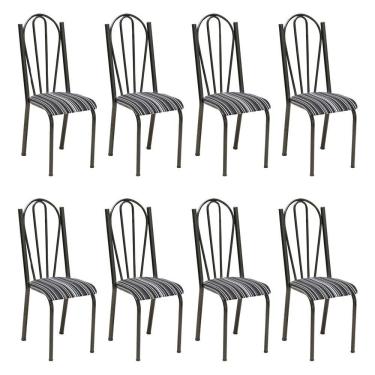 Imagem de Kit 8 Cadeiras de Cozinha Alasca Estampado Preto Listrado Pés de Ferro Cromo Preto - Pallazio