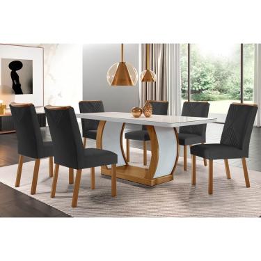 Imagem de Conjunto: Mesa Sala Jantar Jade c/ Tampo Madeirado c/ Vidro Canto Curvo 180x90cm e 6 cadeiras Amsterdã Imbuia/Off White - Suede Grafite - Rufato