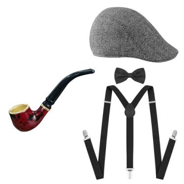Imagem de Fantasia masculina década de 1920 chapéu Fedora gravata borboleta suspensórios Panamá Newsboy 30s Manhattan Gatsby Gangster conjunto de acessórios, Conjunto de boinas cinza claro, Beret Hat