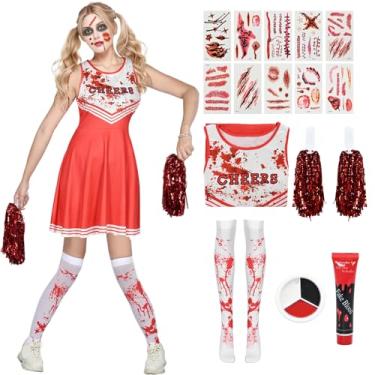 Imagem de Kicpot Zombie Cheerleader Costumes Scary Halloween Costumes for Girls Bloody Dress Fearleader Girls Horror Cosplay Set 7-12Y (Red, 10-12Years)