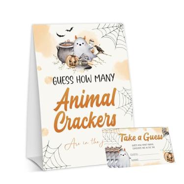 Imagem de OXRUN Halloween Baby Shower Games, Little Ghost Guess How Many Animal Crackers for Spooky Gender Reveal Spooky Party Decorations, 1 Sign + 50 Guessing Cards - B08
