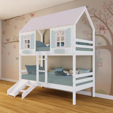 Imagem de Beliche Casinha Bela Kit Escada/Escorregador - Madeira Maciça Branco/Rosa/Verde | Megamobilia