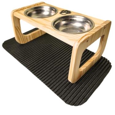Imagem de Comedouro Elevado de Madeira Pinus para Cães Médios | Tigelas Inox 700 ml, Removíveis | Acompanha Tapete Antiderrapante 43x33cm | Acabamento em Óleo Mineral Atóxico (Preto)