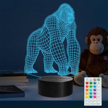 Imagem de Luz noturna de gorila, presentes de gorila, decoração de macacos, lâmpada de ilusão 3D com controle remoto, 16 cores RGB, 4 modos de piscar, temporizador, decoração de quarto infantil