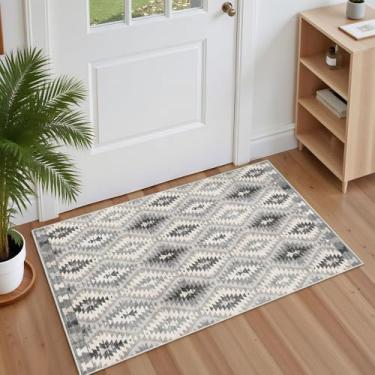 Imagem de YesRug Tapetes internos para entrada 5 x 7 cm pequeno tapete de cozinha cinza boho marroquino geométrico treliça tapete de área com tons vibrantes para tapete de porta de banheiro entrada interna