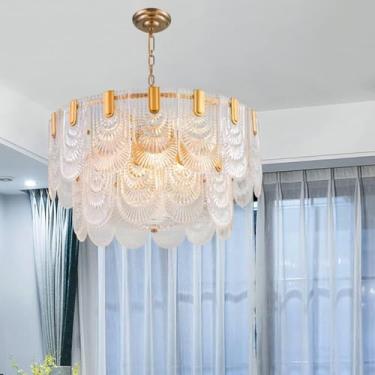 Imagem de Lustres De Cristal Pós-modernos Luminária Pendente De Latão Antigo 2 Camadas Lustre Scalloped 9 Lâmpadas Iluminação Pendente De Vidro Texturizado Transparente Para Sala De, Gold, 9 Light