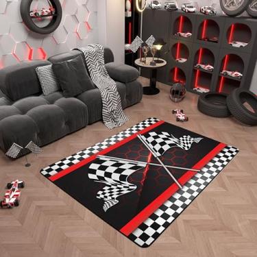 Imagem de Tapete decorativo de carro de corrida 1,2 x 1,80 m, preto e branco, estampa de bandeira quadriculada, tapete interno para sala de jogos, cabeceira, sofá, quarto, listras vermelhas, hexágono, favo de