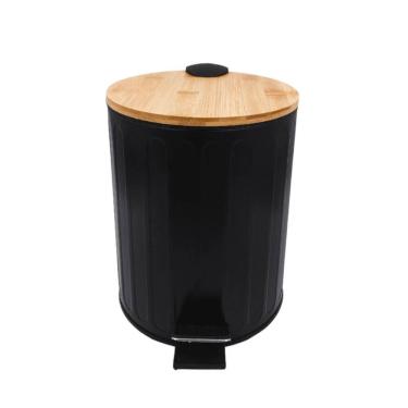 Imagem de Lixeira Preta Redonda 5 Litros Com Tampa De Bambu Para Casa