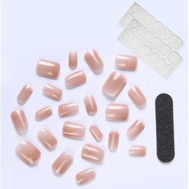 Imagem de Unhas postiças secas Hnad – Unhas postiças quadradas curtas com glitter semitransparente, reutilizáveis em unhas postiças com cola | Qualidade de salão - Kit de 24 unhas