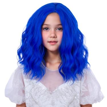 Imagem de WAVELNM Peruca azul escura para crianças, curta, azul, para meninas, cacheado, ondulado, peruca infantil, curta, parte lateral, perucas sintéticas com touca de peruca