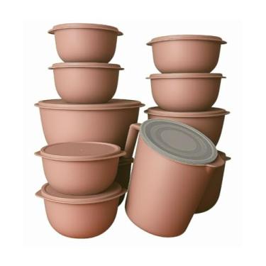 Imagem de Conjunto de 10 saladeiras ou 5 saladeiras + jarro de 1,8 litros Saladeiras de cozinha Recipientes plásticos para armazenamento de alimentos (5 potes + jarra bege)