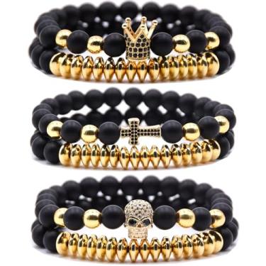 Imagem de HYHONEY Pulseira de contas micro pavê de zircão coroa rei 8 mm para homens e mulheres pulseira de casal preto natural fosco ônix contas de hematita elástico ajustável, One Size, Pedra, Zircônia