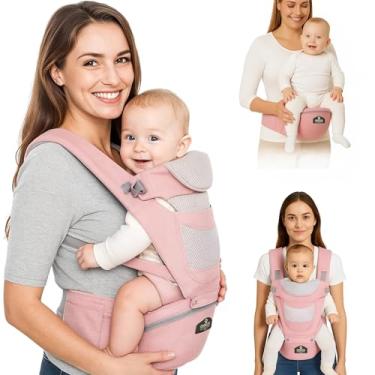 Imagem de AIEBAO Bolsa Para Bebê Canguru Classic, Assento Ergonômico, 03 Modos de Uso, Apoio Lombar, Com Suporte de Cabeça, Bolso Frontal e Lateral, Até 48 Meses, Suporta 36kg, Acolchoado, Fivelas Ajustáveis, Rosa.