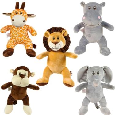 Imagem de Conjunto Pelúcias Kit Com 5 Animais Elefante Hipopótamo Girafa Macaco Leão Bebe Baby Presente Festa Menina Menino Antialérgico Zoologico Kawaii Escolha O Tamanho Para Decoração (Tamanho 25cm)