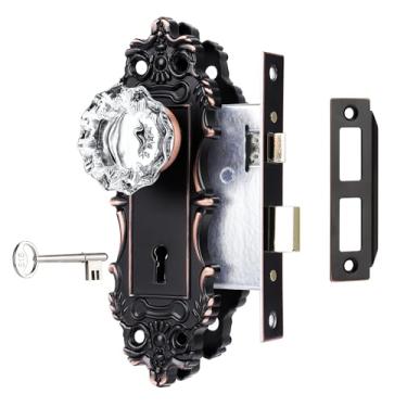 Imagem de ToPToToo Conjunto de fechadura de encaixe para porta interna, maçanetas antigas com fechadura e chave de esqueleto, substituição de fechadura de maçaneta vintage para portas internas, acabamento