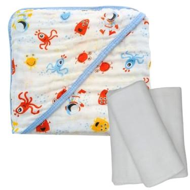 Imagem de Kit Toalha de Banho Bebê Soft com Capuz + 3 Fraldas de Ombro Brancas com Bainha 100% Algodão (Monstrinho)