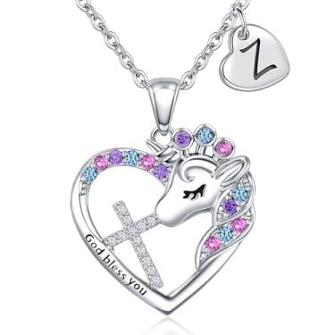 Imagem de Colar com cruz de unicórnio para meninas – Colar colorido com coração de zircônia cúbica e unicórnio, presente de aniversário, batismo, Natal para meninas e adolescentes, 16”+2”, Latão Zircônia cúbica
