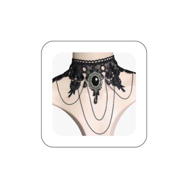 Imagem de Andelaisi Colar gargantilha de renda boho com borla de renda preta, gargantilha, gótica, drapeada, cristal, colarinho, vintage, preto, cz, gota d'água, joia para mulheres e meninas, Metal