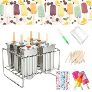 Imagem de Conjunto de 6 kits de moldes de picolé de aço inoxidável, moldes de picolé de metal, máquina de gelo caseira com 50 palitos de madeira e 6 selos de silicone e 20 sacos de picolé, escova de limpeza