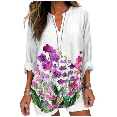 Imagem de Camiseta MARSVOVO roxa boho com estampa floral feminina com decote em 