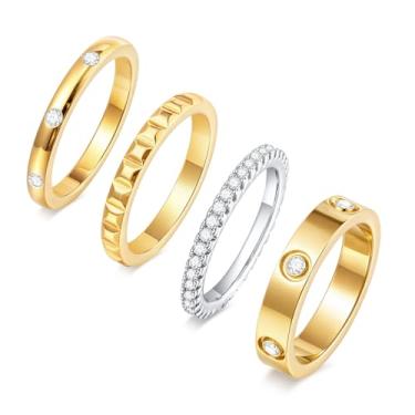 Imagem de Anéis de ouro empilháveis para mulheres – Conjunto de anéis banhados a ouro 18 K, aço inoxidável não manchado, zircônia cúbica, aliança da amizade, joias modernas, presentes de festa de aniversário de