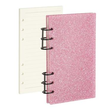 Imagem de PATIKIL Capa para caderno com 6 anéis, fichário acrílico com glitter A6, 2 anéis redondos de metal preto com 90 folhas, papéis internos forrados para planejador de viagens, escritório, orçamento, rosa
