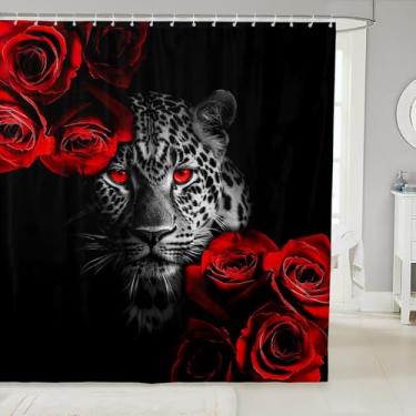 Imagem de Cortina de banho com estampa de guepardo, cortina de chuveiro animal leopardo estilo africano para crianças, meninos, vermelho floral vida selvagem, painel impermeável preto com ganchos para barracas
