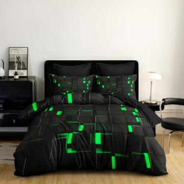 Imagem de CCoutueChen Jogo de cama Queen com cubo geométrico neon para jogos, Cyberpunk – inspirado no verão, leve, com 2 fronhas, perfeito para quartos de jogadores/90 x 90