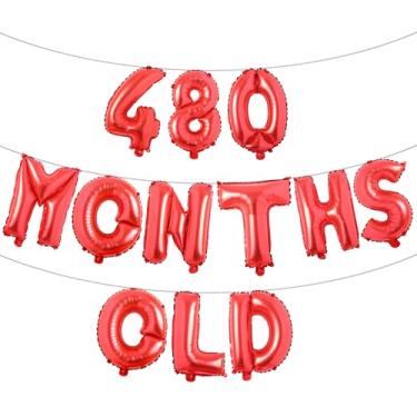 Imagem de Banner de balão multicolorido com glitter de 480 meses - Decorações engraçadas de aniversário de 40 anos e festas de aniversário (vermelho de 480 meses)