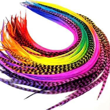 Imagem de Feather Headz 21 Penas De Cabelo Coloridas De Tie-Dye Arco-Íris - 9”- 14” De Comprimento - Penas Para Extensão De Cabelo, Kit Faça Você Mesmo Para Extensão De Cabelo - Design Atraente - 20 Contas De