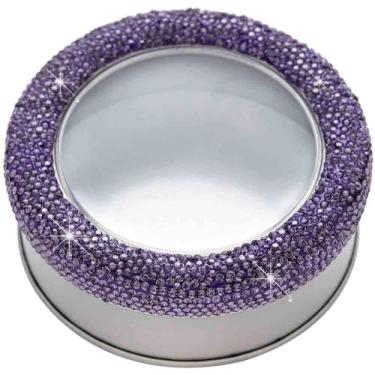 Imagem de MINGZAIQIPEI Caixa de metal de alumínio com strass brilhante, tampa transparente com tampas, mini estojo de armazenamento portátil para velas domésticas, doces, presentes, bálsamos e tesouros (Roxo)