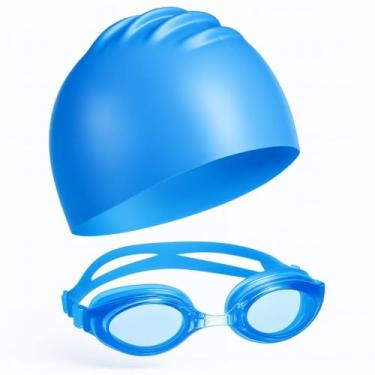 Imagem de Kit de Natação Azul, Óculos Antirreflexo e Touca de Silicone, Ajustável para Piscina e Praia