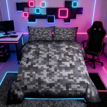 Imagem de Jogo de cama solteiro cinza com grade de pixels, mineiro, videogame, 2 peças, para decoração de quarto de crianças, meninas, meninos, mulheres, edredom acolchoado de camuflagem abstrata, edredom