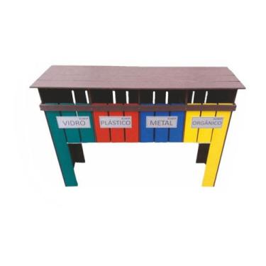 Imagem de Lixeira 4 Cestos Madeira Plástica Marrom 130x35x100cm Resistente e Sus