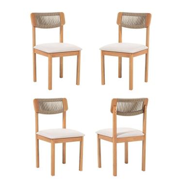 Imagem de Kit 4 Cadeiras com Encosto Corda Assento Estofado Florença Rami/Cru/Verniz Mel