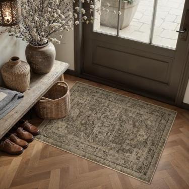 Imagem de PureCozy Tapete de entrada 2x3 marrom vintage envelhecido tapete oriental macio fino pequeno tapete antiderrapante para entrada, banheiro, quarto, cozinha, lavanderia