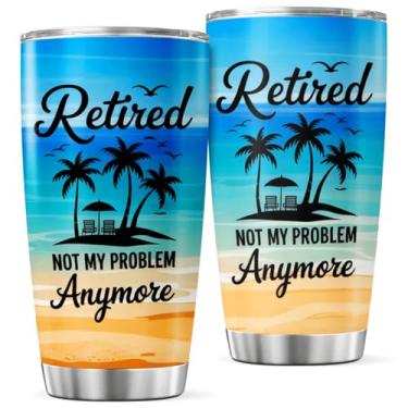 Imagem de KOIXA Copo de aço inoxidável Retired Not My Problem Anymore Beach Design de 590 ml para aposentados, colegas de trabalho, pais, presente de aposentadoria, garrafa de café, caneca térmica com